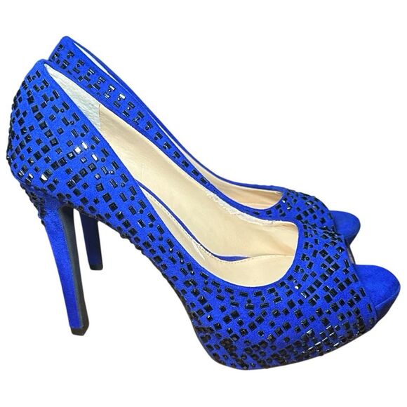 Gianni size 8  Bini Blue Peep-Toe platform stiletto black studded Heels - Picture 1 of 11